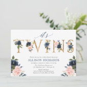 ベビーシャワー、女の子の男の子の双生児のピンクの青の花柄を結び付けます 招待状 (スタンド正面)