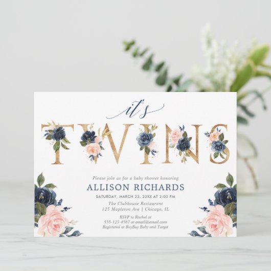 ベビーシャワー、女の子の男の子の双生児のピンクの青の花柄を結び付けます 招待状 (スタンド正面)