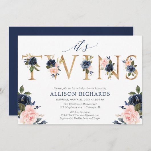 ベビーシャワー、女の子の男の子の双生児のピンクの青の花柄を結び付けます 招待状 (正面/裏面)