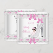 ベビーシャワー 女の子 ピンク 白 ラッセル ハート シューズ 招待状 (正面/裏面)