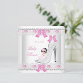 ベビーシャワー 女の子 ピンク 白 ラッセル ハート シューズ 招待状 (スタンド正面)