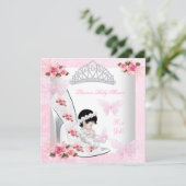 ベビーシャワー 女の子 プリンセス バタフライ シューズ ピンク ローズ 招待状 (スタンド正面)