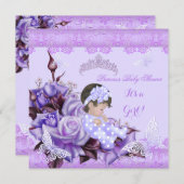 ベビーシャワー 女の子 蝴蝶 淡紫色 茶色の髪の赤ちゃん 招待状 (正面/裏面)