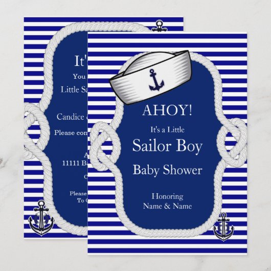 ベビーシャワー 水兵帽 男の子 青 ストライプ 招待状 (正面/裏面)