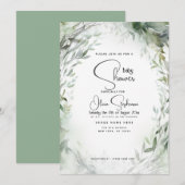 ベビーシャワー - 水彩の葉 招待状 (正面/裏面)