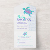 ベビーシャワー 水彩 カメ アクア ピンク ブルー オールインワン招待状 (内側)