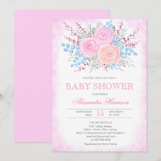 ベビーシャワー 水彩 フラワー ボケー ピンクのバラの女の子 招待状 (正面/裏面)