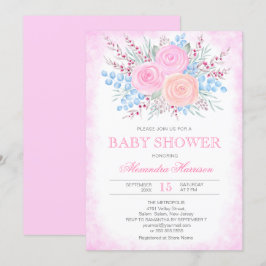 ベビーシャワー 水彩 フラワー ボケー ピンクのバラの女の子 招待状