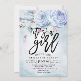 ベビーシャワー 水彩 ボヘミアンフラワー＆フェザー 招待状