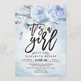 ベビーシャワー 水彩 ボヘミアンフラワー＆フェザー 招待状