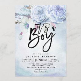 ベビーシャワー 水彩 ボヘミアンフラワー＆フェザー 招待状