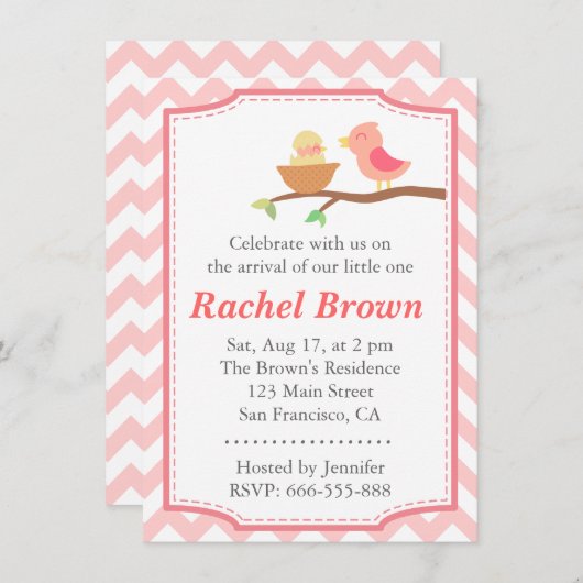 ベビーシャワー-生まれたばかりののかわいいピンクの鳥 招待状 (正面/裏面)