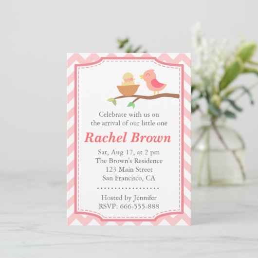 ベビーシャワー-生まれたばかりののかわいいピンクの鳥 招待状 (スタンド正面)