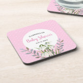 ベビーシャワー 白い雪の華 ピンクの水玉模様 コースター (左側)