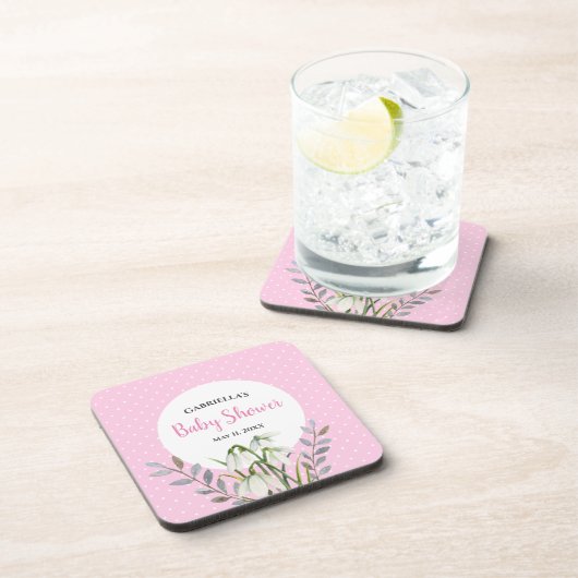 ベビーシャワー 白い雪の華 ピンクの水玉模様 コースター (右側)