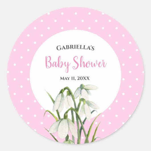 ベビーシャワー 白い雪の華 ピンクの水玉模様 ラウンドシール (正面)