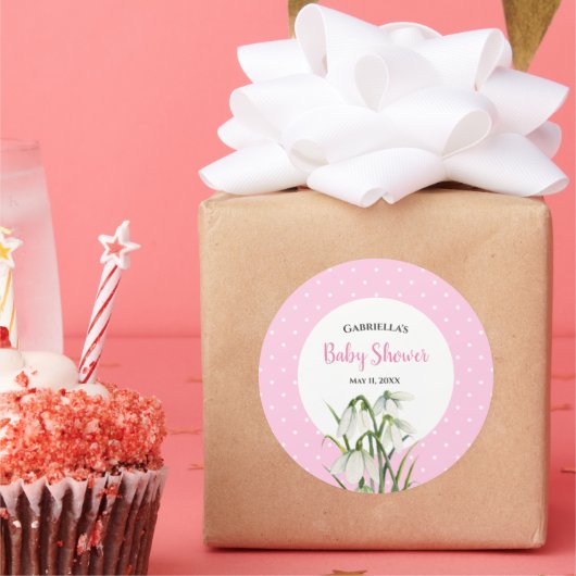 ベビーシャワー 白い雪の華 ピンクの水玉 ラウンドシール (パーティー)