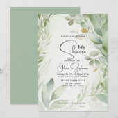 ベビーシャワー - 葉緑の水彩画の植物 招待状 (正面/裏面)