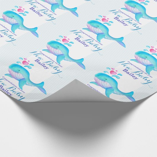 ベビーシャワー/誕生の新生児のクジラの芸術の名前の覆い ラッピングペーパー (角)