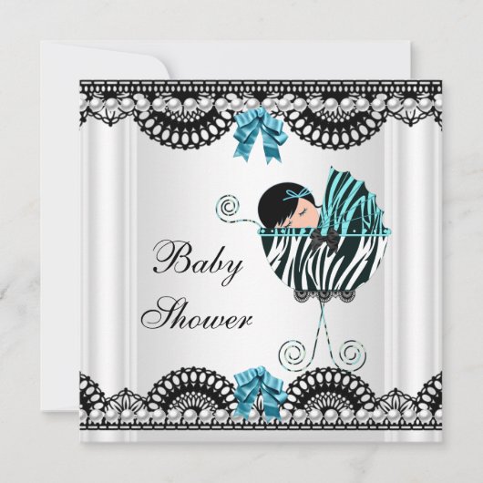 ベビーシャワー 赤ちゃんシマウマ 男の子 黒 白 青 招待状 (正面)