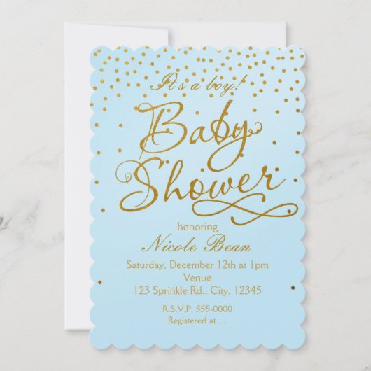 ベビーシャワー 軽い青と金のコンフェッティ 招待状 (正面)
