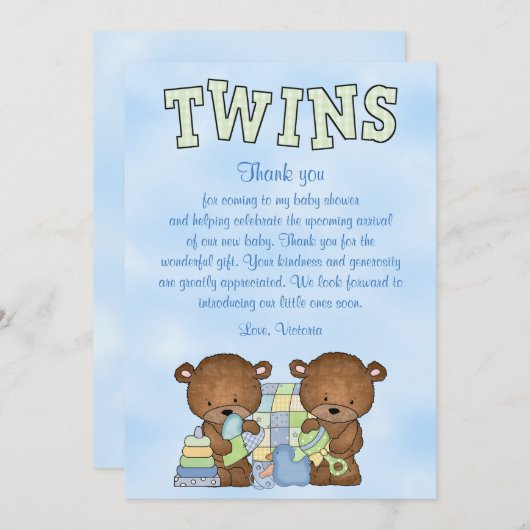 ベビーシャワー twin boys テディベア 招待状 (正面/裏面)