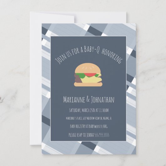 ベビーシャワーBBQバックヤードプレイドブルー招待状 招待状 (正面)