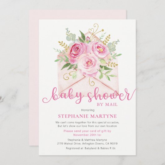 ベビーシャワーbyメールピンクフローラ封筒 招待状 (正面/裏面)