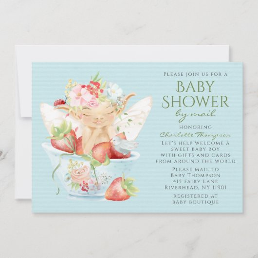 ベビーシャワーbyメール水色フローラボーイフェアリー 招待状 (正面)