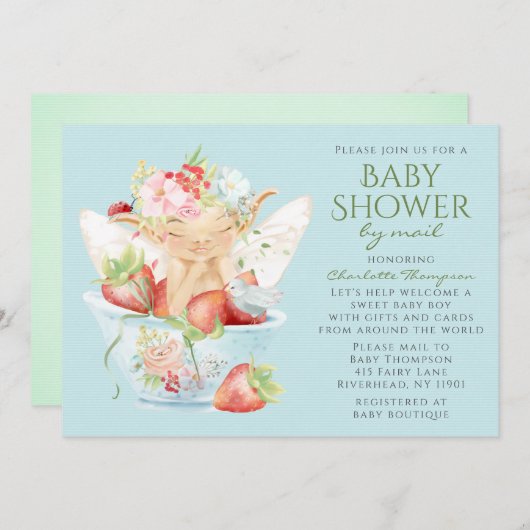 ベビーシャワーbyメール水色フローラボーイフェアリー 招待状 (正面/裏面)
