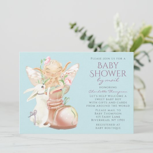 ベビーシャワーbyメール水色ボーイフェアリーウサギ 招待状 (スタンド正面)