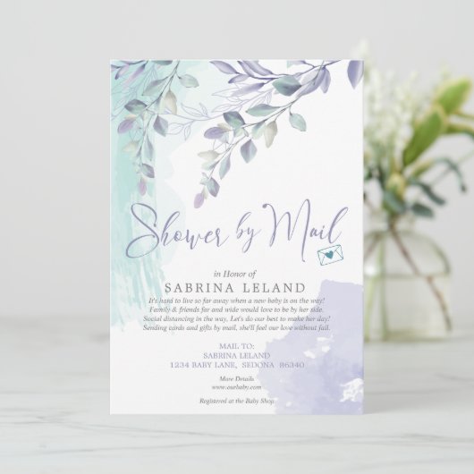 ベビーシャワーbyメール水色薄紫とティール(緑がかった色) 招待状 (スタンド正面)