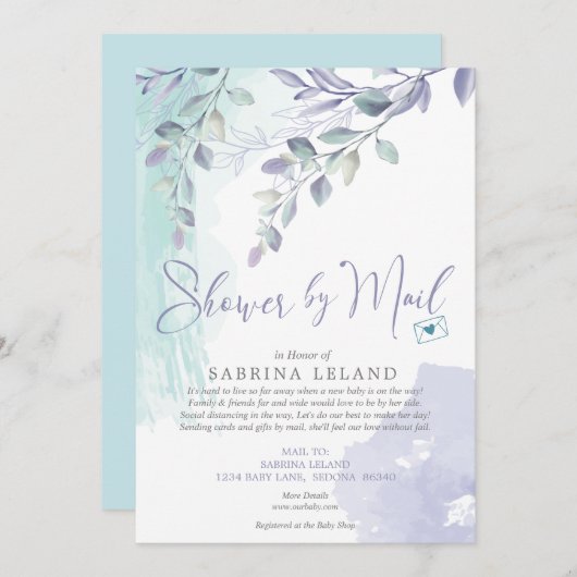 ベビーシャワーbyメール水色薄紫とティール(緑がかった色) 招待状 (正面/裏面)