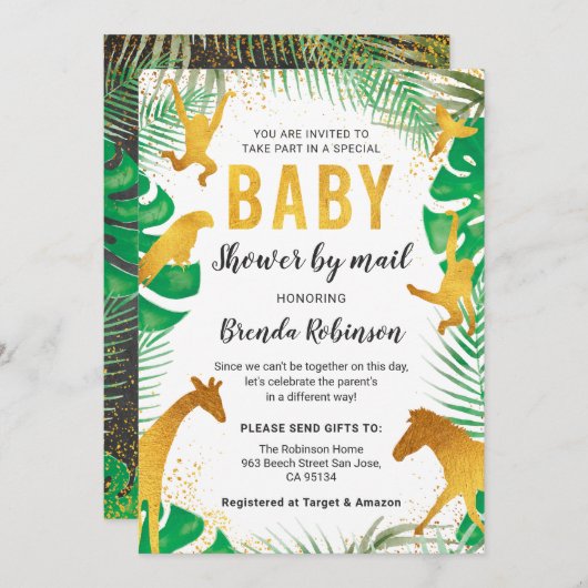 ベビーシャワーbyメール男の子金ゴールドジャングル動物サファリ 招待状 (正面/裏面)