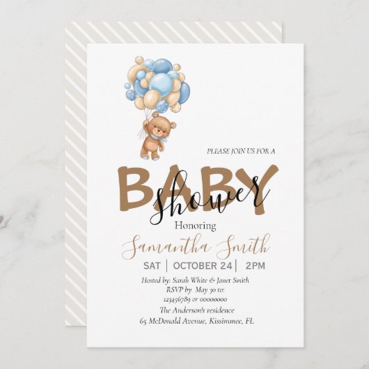 ベビーシャワーTeddyパーティの招待状 案内状 (正面/裏面)