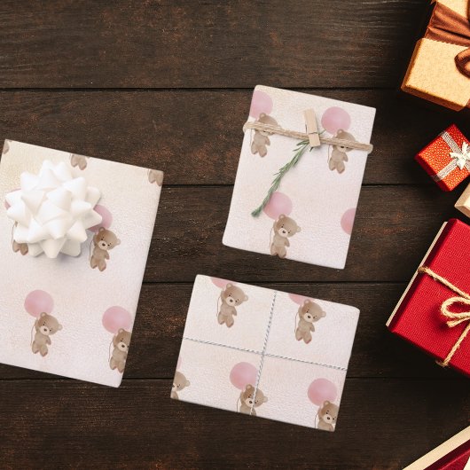 ベビーシャワーteddyベアーガールバラ金ゴールドピンク ラッピングペーパーシート