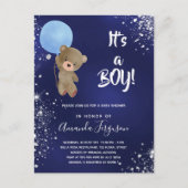 ベビーシャワーteddy bear boy blueグリッター インビテーションポストカード (正面)