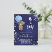 ベビーシャワーteddy bear boy blueグリッター インビテーションポストカード (スタンド正面)