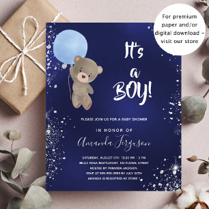 ベビーシャワーteddy bear boy blueグリッター インビテーションポストカード