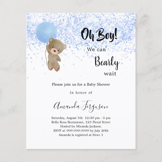ベビーシャワーteddy bear boy blue budget invitation チラシ (正面)