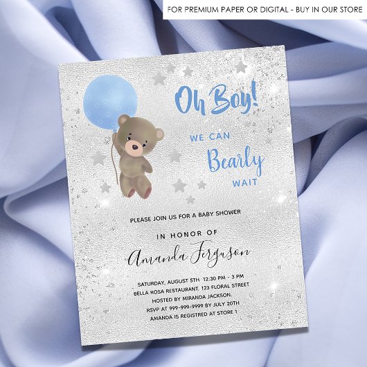 ベビーシャワーteddy bear boy blue budget invitation チラシ