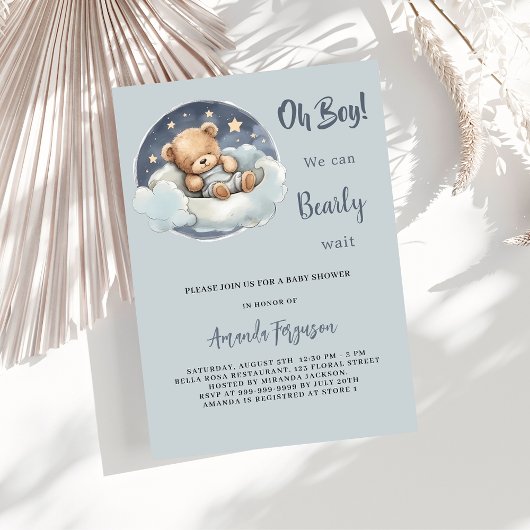 ベビーシャワーteddy bear boy blue cloud cute luxury 招待状