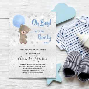 ベビーシャワーteddy bear boy blue silver 招待状