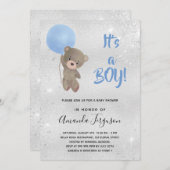 ベビーシャワーteddy bear boy blue silver 招待状 (正面/裏面)