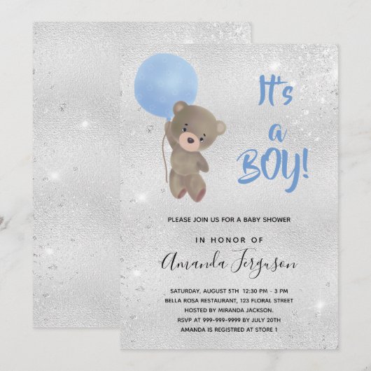 ベビーシャワーteddy bear boy blue silver 招待状 (正面/裏面)