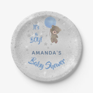 ベビーシャワーteddy bear boy silver blue name ペーパープレート