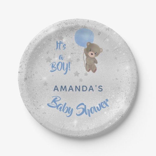 ベビーシャワーteddy bear boy silver blue name ペーパープレート (正面)