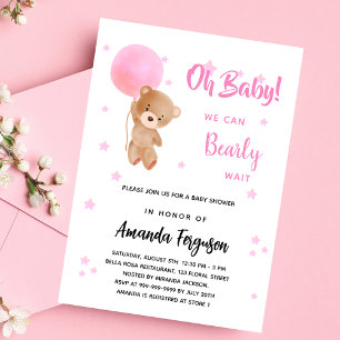 ベビーシャワーteddy bear girl pink balloon インビテーションポストカード