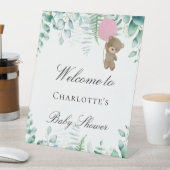 ベビーシャワーteddy bear girl pink eucalyptus forest 台座サイン (インサイチュ)