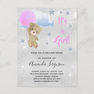 ベビーシャワーteddy bear girl pink silver インビテーションポストカード